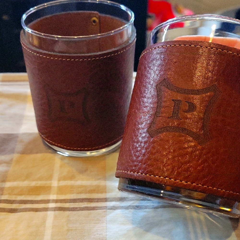 Brown Aged Leather Wrapped Whiskey Tumbler "P" Handmade,EUC, Set 2